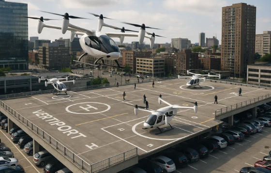 Otopark binasının çatısında, işaretli pistlere inen ve park etmiş eVTOL araçlarının bulunduğu vertiport